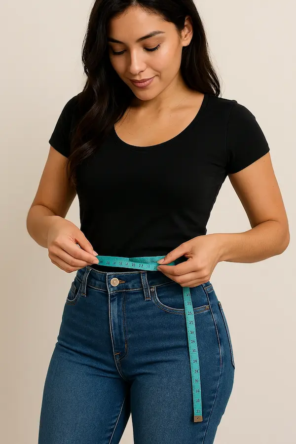 Mujer midiendo sus jeans MEDALLO para talla perfecta