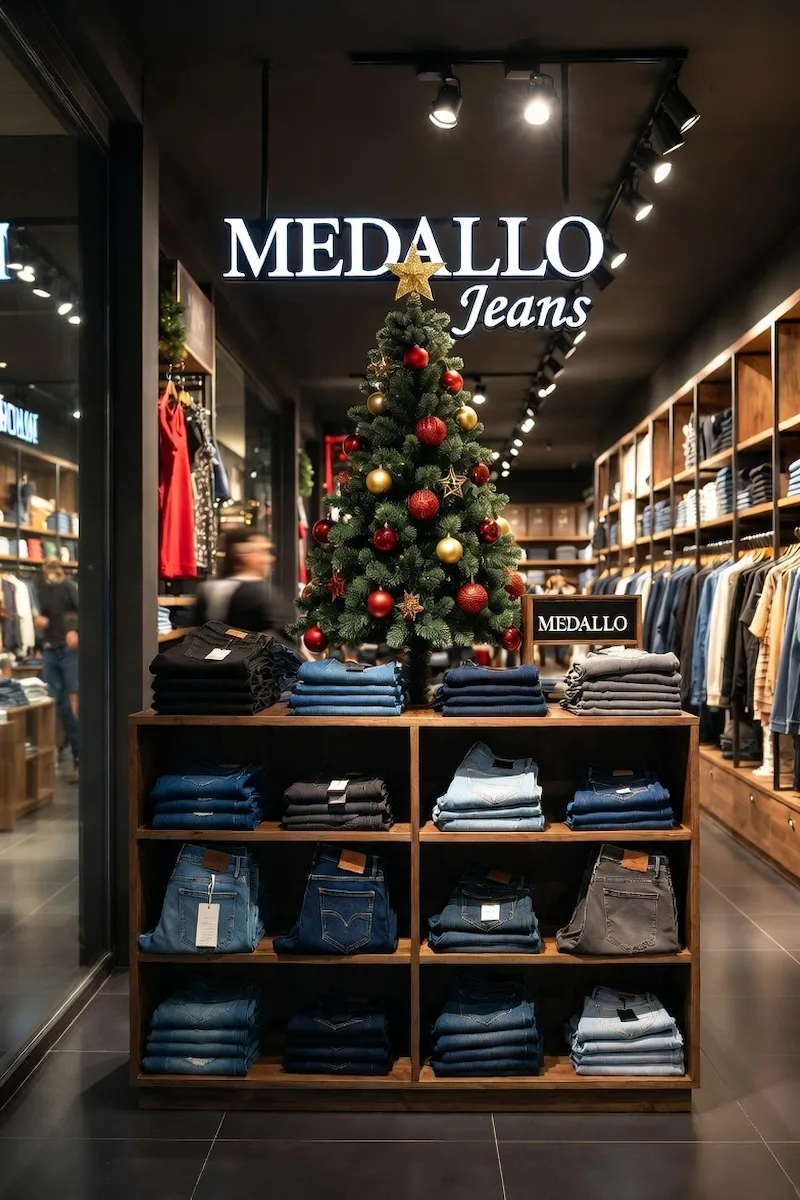 Interior de la tienda Medallo Jeans Colombianos decorada para Navidad con árbol iluminado y jeans exhibidos en estantería de madera