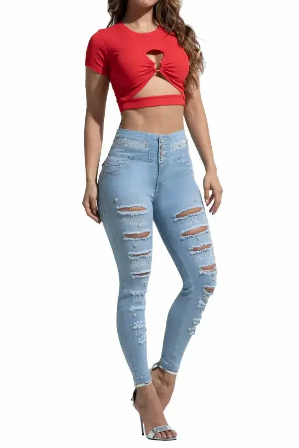 Jeans Levanta Cola pretina con 4 botones y pedrería